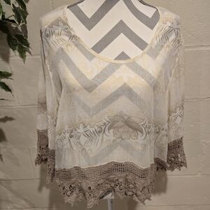 Multiples Sheer Tan and Cream Top Crochet Hem and Sleeves Size 1X.